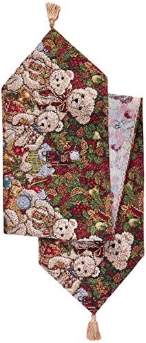 Violet Linen Decorative Christmas Teddy Bears Design Tapestry, 13" X 70" Table Runner