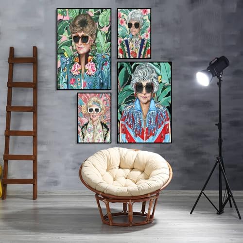 80s Artwork Fashion Golden Wall Art Girls Poster Blanche Devereaux With Glasses Poster For Woman Room Decor Rue McClanahan Canvas Prints (L24"xW16"-Black Metal Frame) Painting For Home Dorm Decor