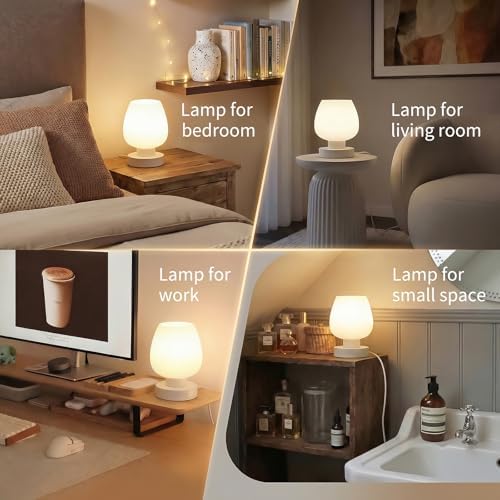 Touch Bedside Table Lamp Set of 2 - Small Modern Table Lamp for Bedroom Living Room Nightstand, 3-Way Dimable Desk lamp with White Opal Glass Lamp Shade, 2700K LED Bulb, Simple Design Home Decor