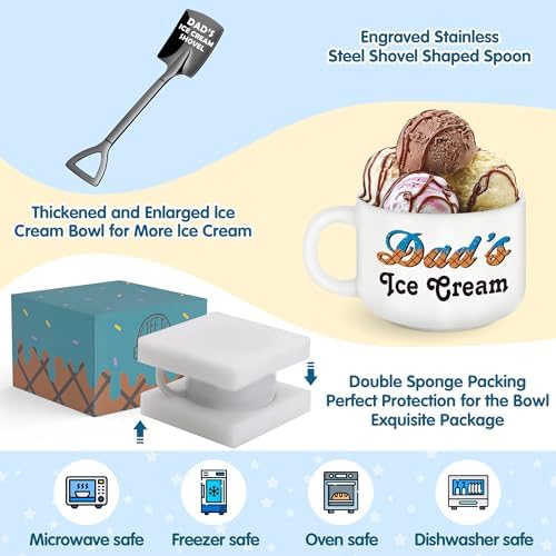 First Fathers Day Dad Gifts from Daughter Son Kids Wife, Unique Birthday Present for Father Step Bonus Husband Grandpa Papa, Funny New Dad's Ice Cream Bowl with Shovel Spoon Set, Best baskets Ideas