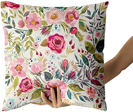 Summer Flower Throw Pillow Covers 16X16 Inch Watercolor Peony Pillowcase Hot Pink Floras With Green Leaves Girly Decorative Square Cotton Cushion Cover Set Of 2 For Home Garden Outdoor Bed Decorations