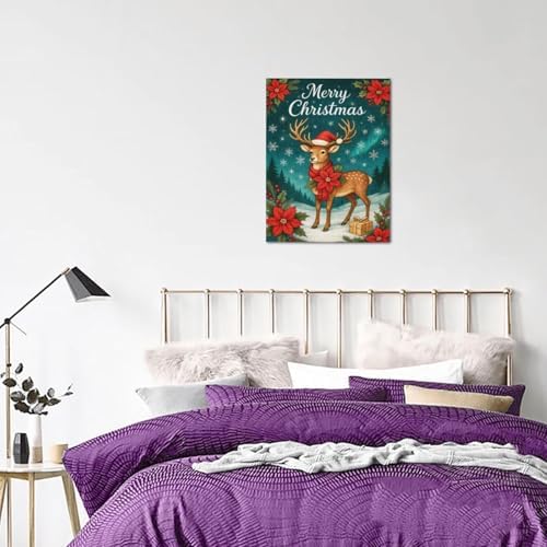 Reindeer Merry Christmas Wall Art Winter Reindeer Deer Poinsettia Canvas Wall Decor Elk Pictures Painting Print Framed Artwork Decorations Gifts for Living Room Bedroom Office 12"x16"