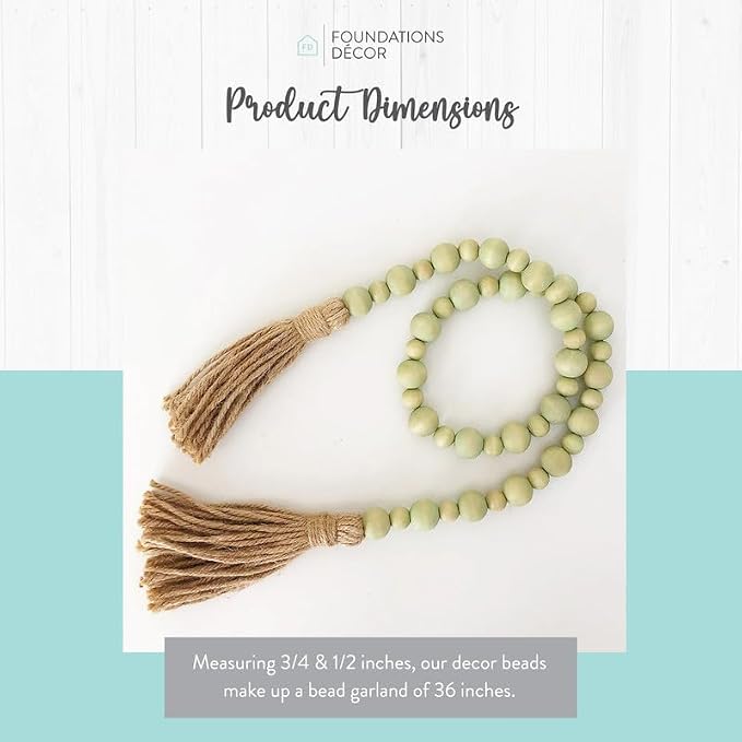 FOUNDATIONS DECOR Wood Bead Garland with Tassels - Boho Beads Home Decor - Sea Foam