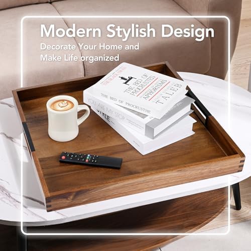 Large Square Ottoman Tray for Living Room and Coffee Table, Decorative Acacia Wood Serving Tray with Metal Handles for Breakfast in Bed, Dinner Food Kitchen TV (Natural, 22" x 22" x 2")