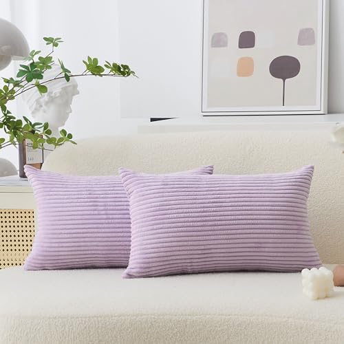 Home Brilliant Lavender Pillow Covers 12x20 Set of 2 Purple Throw Pillows Solid Supersoft Corduroy Handmade Decorative Pillow Cases for Bed, 2 Pieces, 12 x 20 inch, Lavender