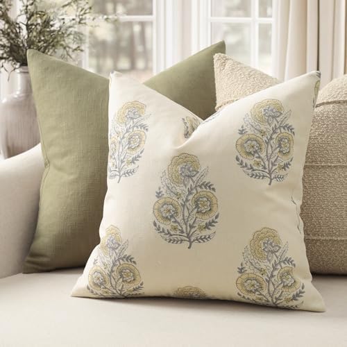 Summer Vintage Floral Print Pillow Covers 18x18 Set of 2 Patterned Accent Decorative Cushion Covers Modern Farmhouse Throw Pillow Covers for Sofa Couch Chair Bed Living Room Home Decor, Mellow Yellow