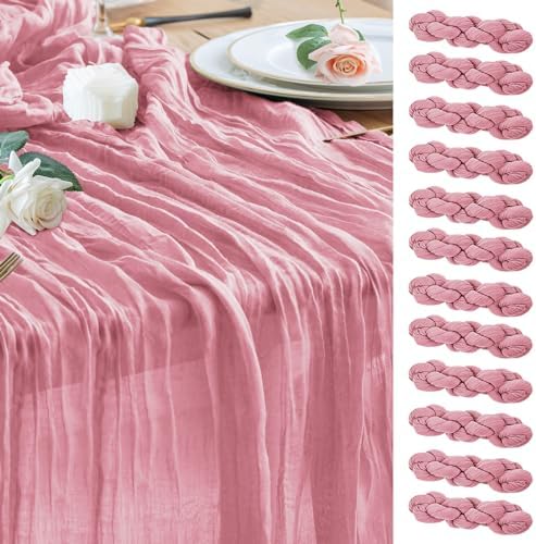 Wokceer Cheesecloth Table Runner 10FT Boho Gauze Runner, Pink, 12 Pack