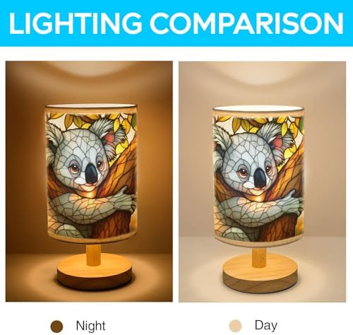 Koala Table Lamp LED 3-Color Pressed Bedside, Koala Shade Lamp with Wood Base for Bedroom Living Room Desk Office TL01