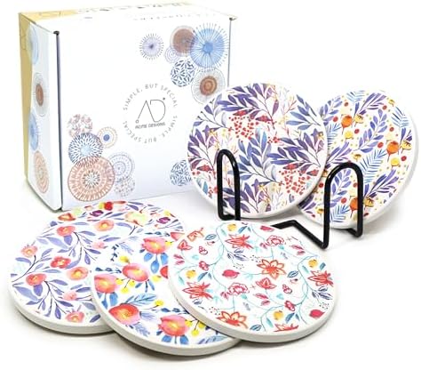 AD Set of 6 Coasters for Drinks Absorbing Round Ceramic Stone Coaster with Cork Base Tabletop Protection Mat for Mugs and Cups,Office,Kitchen (Watercolor Flowers with Holder)