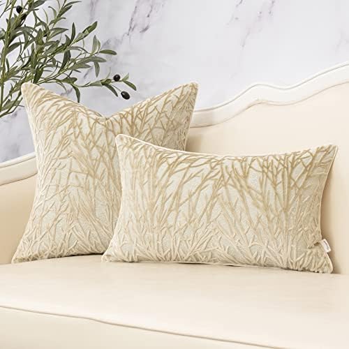 Yangest Beige Throw Pillow Cover Velvet Cushion Cover Branches Rectangular Neutral Pillowcase for Sofa Couch Bedroom Living Room, 12x20 Inch