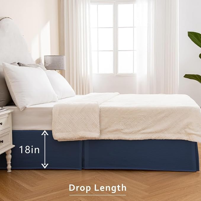 MIYE Pleated Waffle Weave Bed Skirt, Tailored Dust Ruffle 18 Inch Drop Easy Fit, Machine Washable (Navy Blue, Twin - 18" Drop)
