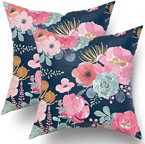 Watercolor Flower Throw Pillow Cover 22x22 Inch Pink Peony Floral with Green Leaf Decorative Pillow Cases Summer Navy Blue Cushion Cover for Home Bedroom Outdoor Garden Decor