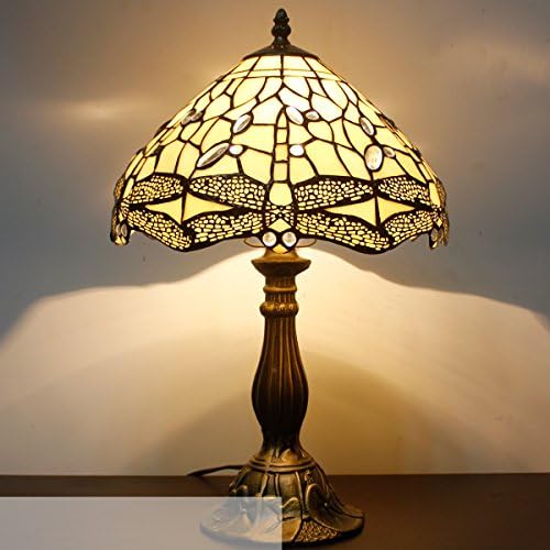 WERFACTORY Tiffany Lamp Cream Stained Glass Dragonfly Bedside Table Lamp