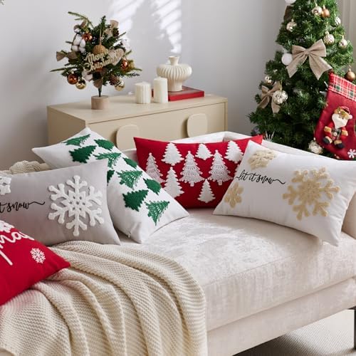 White Christmas Pillow Covers 12x20 Inch Embroidery Snowflake Xmas Decorative Lumbar Throw Pillow Cover Winter Holiday Pillow Case Cushion Cases for Sofa Couch Living Room Decorations