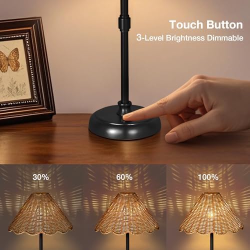 Cordless Boho Rattan Table Lamp Black, 5200-mAh Rechargeable Battery, 3-Level Brightness Dimmable, Build-in Integrated LED 320 Lumen Max, Rattan Shade, for Bedside Restaurant Dining Table