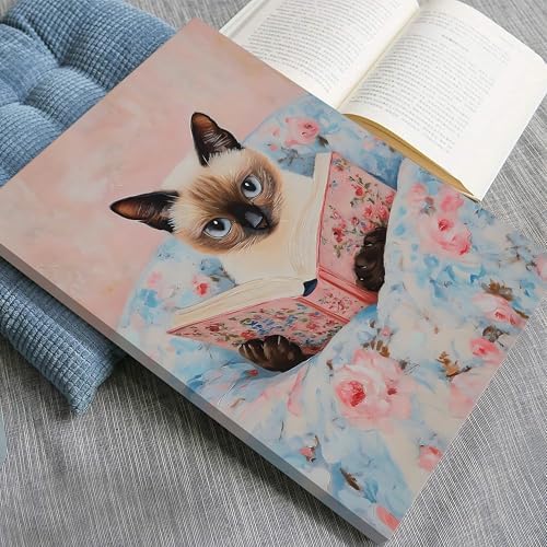 Framed Cat Reading Book Canvas Wall Art, Cute Pink Siamese Cat Wall Decor Print Painting, Funny Animal Lovers Picture for Bedroom Living Room Kids Room Girls Room Home Decor 16x24 Inch