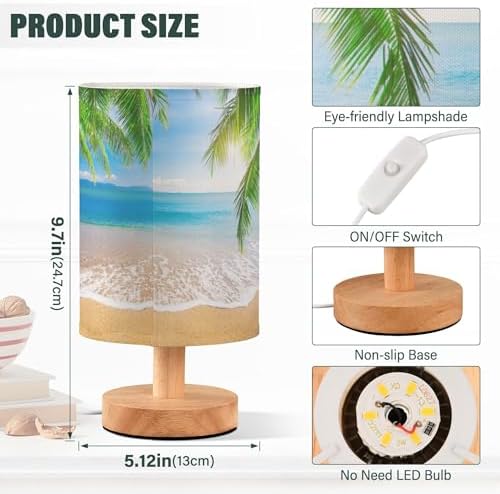 Table Lamp Palm Leaf Tropical Beach Summer Blue Ocean Sky Nightstand Lamp with Wood Base Fabric Lamp Shade Bedside Desk Lamp for Living Room Bedroom Kids Room Office