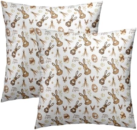 Easter Bunny Pillow Covers 2 Pack 16x16 inch Rabbit and Eggs Cotton Throw Pillow Cases Spring Happy Holiday Decorative Cushion Covers for Sofa Couch Bed