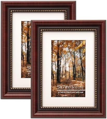 Ornate Cherry Wooden Vintage Picture Frames, 5x7 inches, Beaded Inner Border, Wall Mount/Table Top, Mat for 4x6 Photos, Set of 2