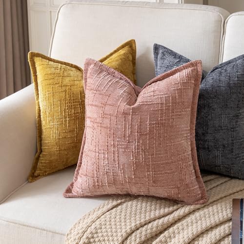 Yaertun Chenille Throw Pillow Covers 16x16 Inch Set of 2 Textured Broadside Soft Cozy Velvet Pillow Covers Modern Farmhouse Boho Decorative Pillow Cases for Couch Bed Sofa Livingroom Dusty Pink