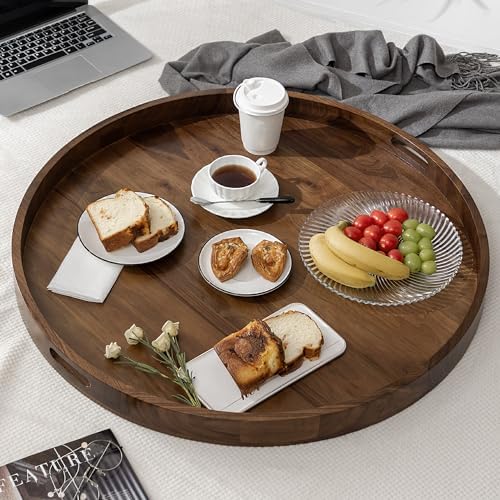 30" Round Extra Jumbo Black Walnut Wood Ottoman Tray with Handle