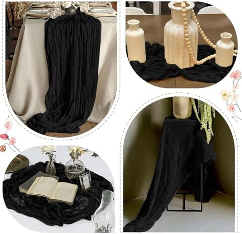 12 Pack Black Cheesecloth Table Runner 17 x 108 Inch Gauze Table Runner Fabric Semi Sheer Cheese Cloth Table Decoration Bulk for Rustic Romantic Wedding Baby Shower Table Decoration