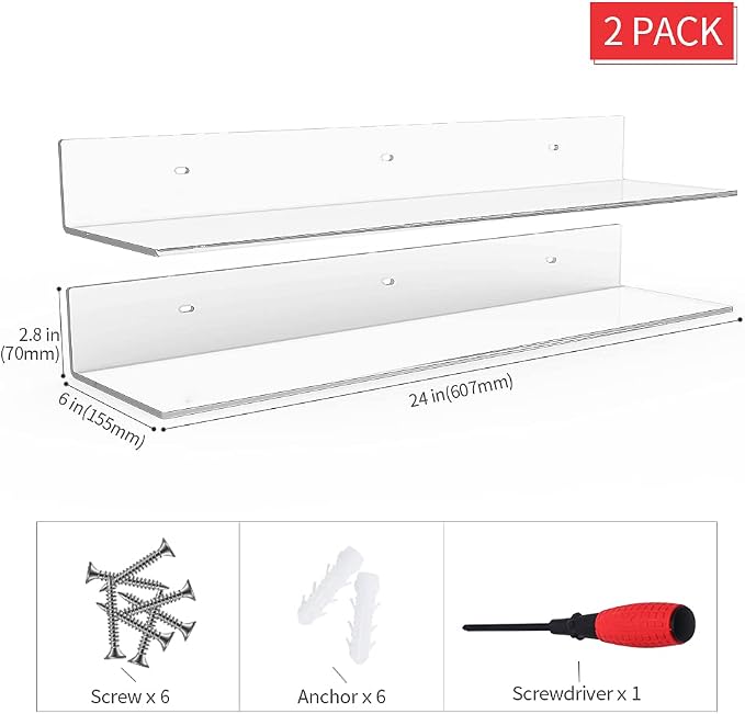 Sezanrpt 24 Inches Clear Floating Shelves for Wall, Acrylic Long Wall Shelf, Wall Mounted Shelves for Plants, Speaker, Radio, Funko Pop, Stuffed Animal, Books, Cosmetics, Toiletries, 2 Pack (24 Inch)