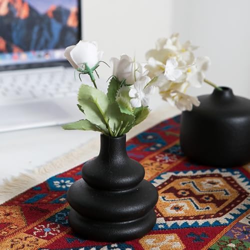 Black Ceramic Bud Vase, Small Vase Set of 5, Mini Vases in Bulk for Flower, Decorative Vase for Home Decor, Boho Vases for Wedding Decorations Living Room Dining Table Shelves Decor