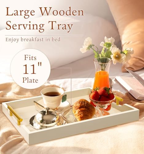 SXNOWS Wooden Serving Tray with 2 Sets of Handles,Cream