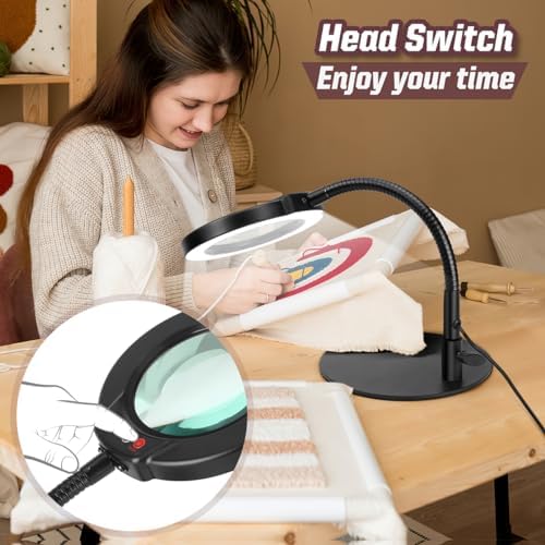 10X Magnifying Glass with Light and Phone Holder, 5 Color Modes Stepless Dimmable LED Lighted Desk Lamp with Stand, Hands Free Magnifier with Flexible Goose-Neck for Craft Hobby Painting, Black