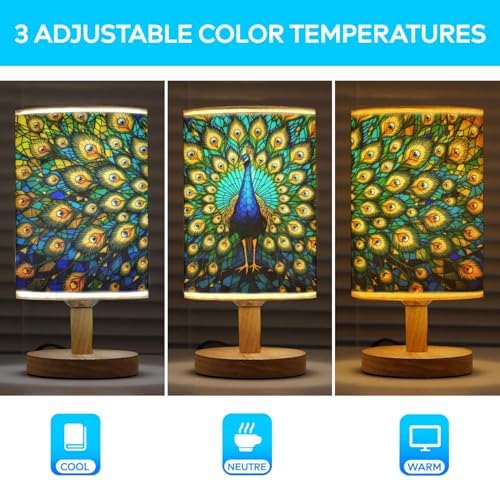 Peacock Table Lamp LED 3-Color Pressed Bedside, Peacock Shade Lamp with Wood Base for Bedroom Living Room Desk Office TL01