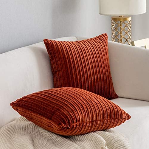 Kevin Textile Striped Corduroy 26”x26” Pillow Covers 2 Pack, Burnt Brick