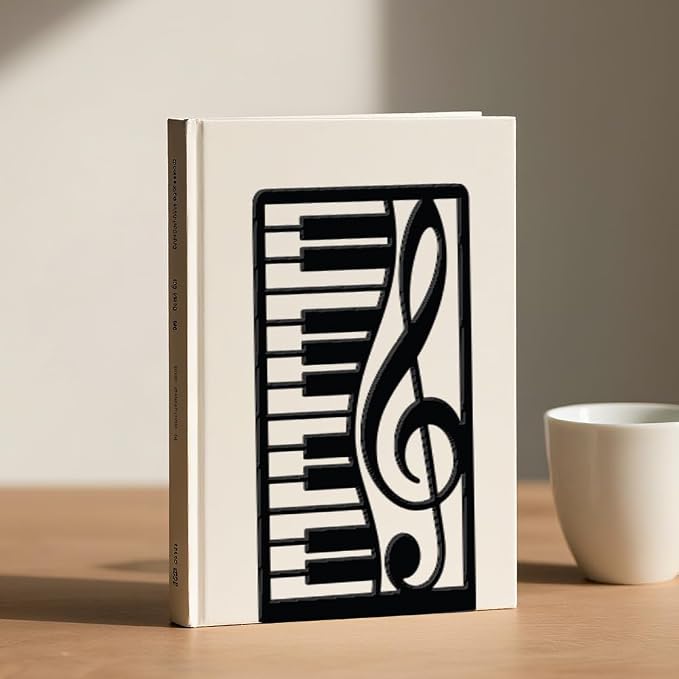 WADORN 1 Pair Piano Musical Notes Metal Decorative Bookend for Shelves, Heavy Duty Book Ends Non-Skid Books Holder Stand Black Book Support Stoppers for Music Books Desk Office Home, 5.3x4.3x7.9 Inch