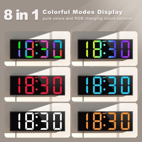 JALL Digital Wall Clock Large Display with Big LED Numbers, Remote Control, 8 RGB Colors, Auto DST, Night Light for Classroom Living Room Bedroom Birthday Gift for Senior (White Font, 12 inches)