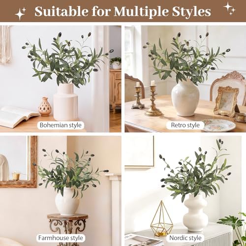 6Pcs 15.7" Artificial Olive Branches, Realistic Faux Plants Olive Leaves Stems for Vase Decor, Wedding Centerpieces, Farmhouse Home Party Decor