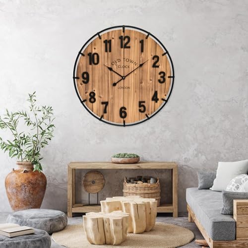 30 Inch Farmhouse Wall Clock Large Old Town Vintage Rustic Wooden Clock with Metal Rim and Large Numerals, Silent Battery-Operated for Office, Kitchen, Bedroom, and Living Room