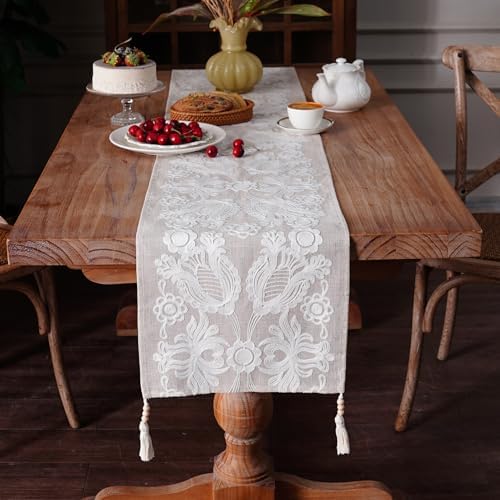 Embroidered Table Runner Boho Farmhouse Dresser Scarf, 14" x 38"