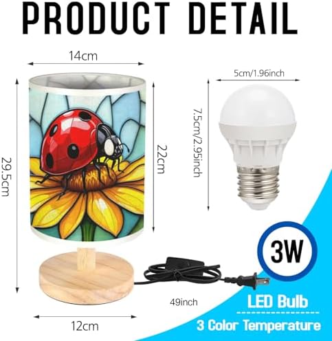Ladybug Flower Table Lamp LED 3-Color Pressed Bedside, Ladybug Flower Shade Lamp with Wood Base for Bedroom Living Room Desk Office TL01