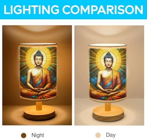 Buddha Table Lamp LED 3-Color Pressed Bedside, Buddha Shade Lamp with Wood Base for Bedroom Living Room Desk Office TL01