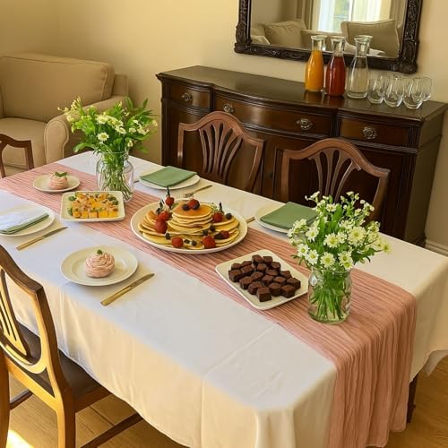 3 Pack Dusty Pink 10FT Cheesecloth Table Runners –120 Inch Blush Gauze Boho Table Decor Set for Bridal Shower, Mother’s Day Brunch, Baby Girl Party, or Romantic Wedding Reception