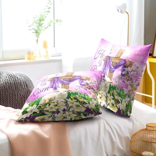 He is Risen Cross Christian Throw Pillow Covers 24''x24'' Set of 2 Easter Spring Pillowcase Religious Lily Floral Lamb Cotton Square Cushion Case Happy Holiday Pillows Protector for Home Sofa