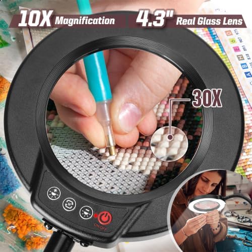 30X 10X Magnifying Glass with Light and Stand, 5 Color Modes Stepless Dimmable LED Lighted Desk Lamp, Hands Free Magnifier with Flexible Goose-Neck for Craft Hobby Painting Sewing Close Work - Black