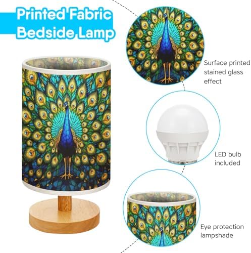 Peacock Table Lamp LED 3-Color Pressed Bedside, Peacock Shade Lamp with Wood Base for Bedroom Living Room Desk Office TL01