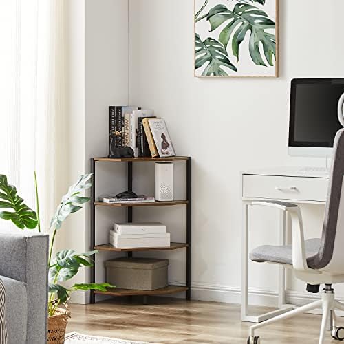 VECELO 31 Inch Corner Shelf, 4-Tier Display Shelves, Wood Storage Stand with Metal Frame, Multipurpose Shelving Unit for Small Space, Home Office,Antique Brown