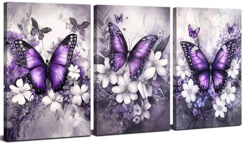 Purple Butterfly Wall Art Bathroom Decor Abstract White Flowers Pictures Purple Bedroom Decor Butterfly Canvas Prints Paintings Wildflower Landscape Artwork for Living Room Home Decoration 12x16" 3Pcs