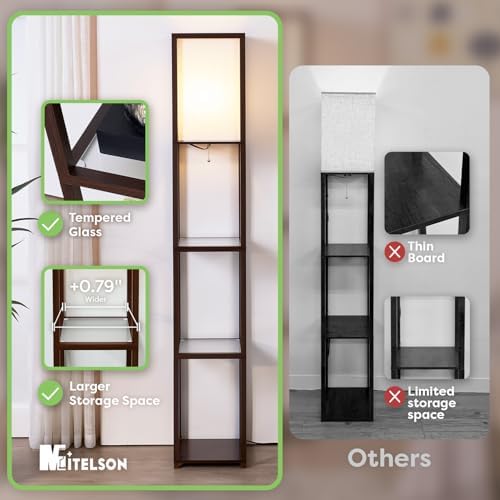Floor Lamp with Shelves, Modern Square Standing Lamp with Glass Shelves, Corner Display Shelf with Light, Tall Lamp with Shelves for Living Room, Bedroom, Office, Bookshelf, Brown