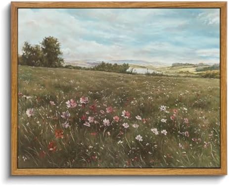 OIQArtOIQ Vintage Landscape Framed Wall Art Summer Countryside Wildflower Canvas Art Prints Farmhouse Cottagecore Pictures Wall Decor Rustic Meadow Paintings Artwork For Kitchen Bedroom Living Room