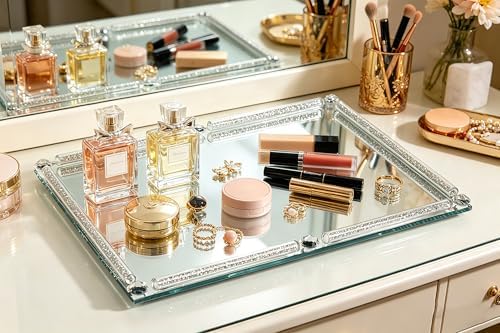 Large Mirror Perfume Tray for Dresser,Silver Crushed Diamond Filled