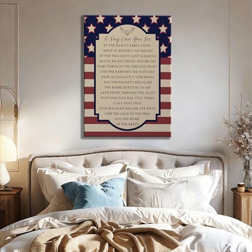 Patriotic O Say Can You See Wall Decor 16x24 In, Star Spangled Banner National Anthem Canvas Art, 4th of July Independence Day Framed Prints for Home & Office, Made in USA