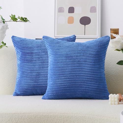 Home Brilliant Blue Pillow Covers Striped Corduroy Euro Sham 24 inch Throw Pillow Cover Decorative Pillow Cases for Bed, 24x24 inch, Blue